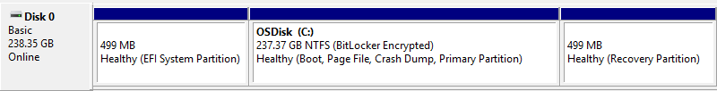 Disk 0 showing three partitions - an EFI system partition, the Windows partition, and a recovery partition