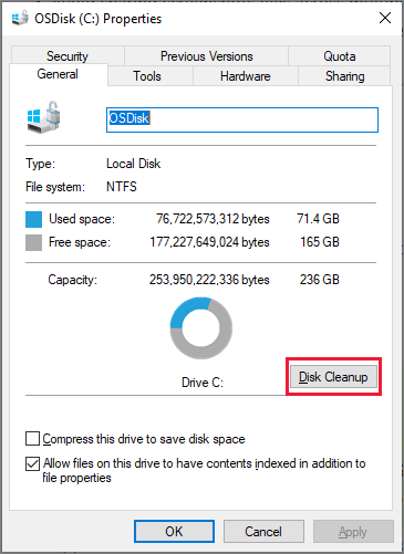 Screenshot of the Disk Properties dialog with the Disk Cleanup button highlighted.