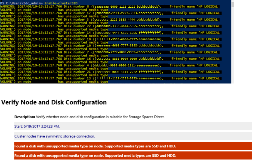 A screenshot of errors when running the Enable-ClusterS2D cmdlet when unsupported media is present.