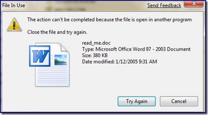 Screenshot of the File In Use dialog box showing an error message that says This action can't be completed because the file is open in another program.