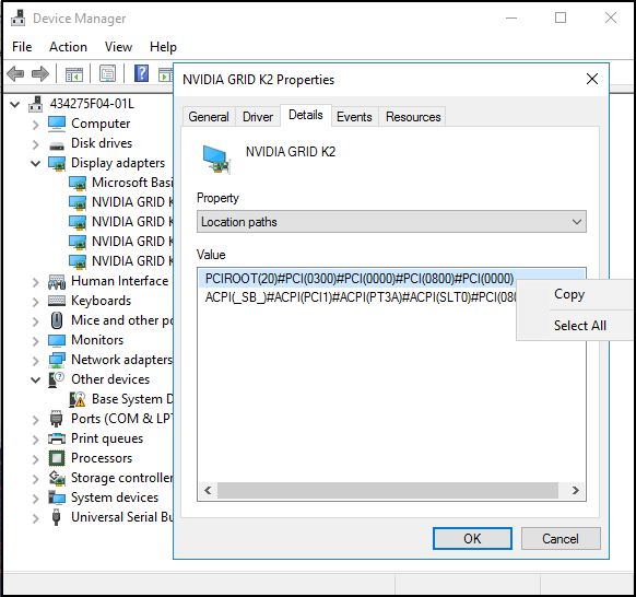 Screenshot of the device manager, showing the selections for finding a device path.