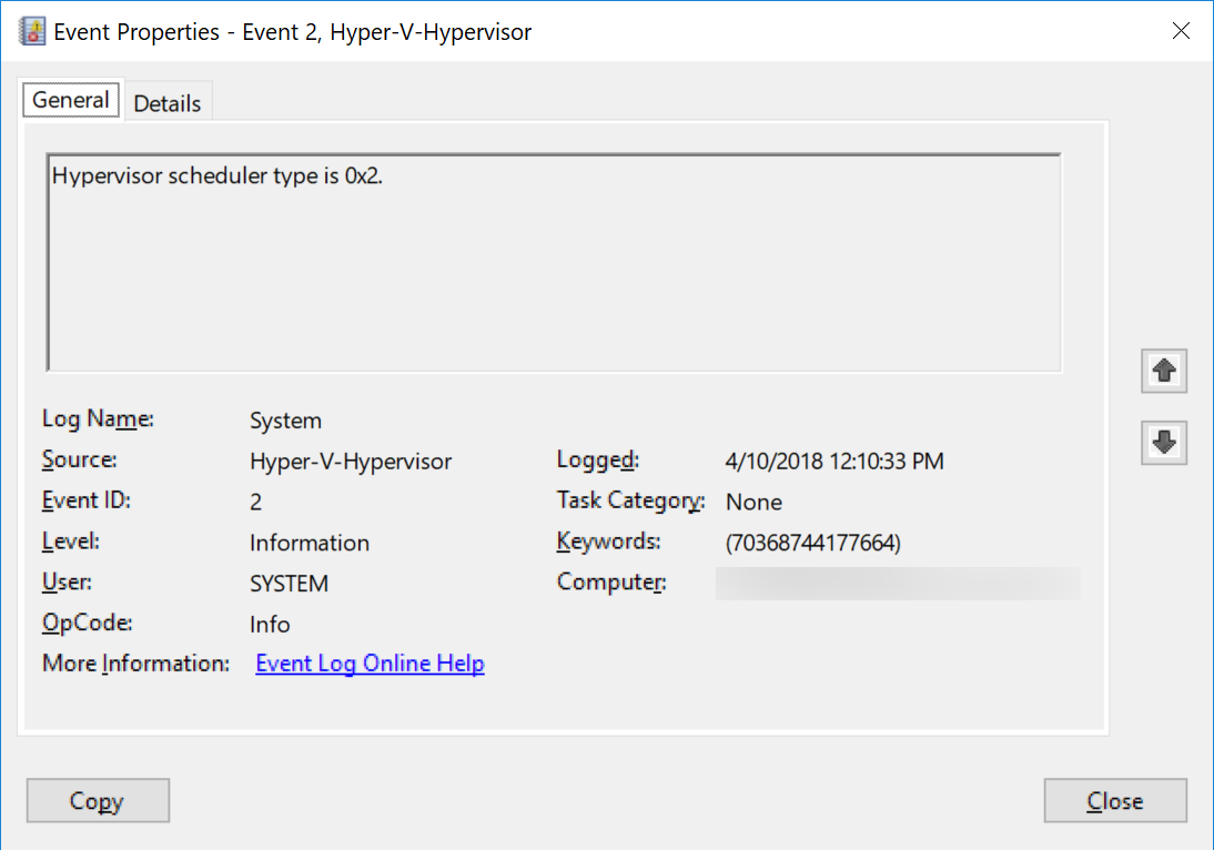 A screenshot of the hypervisor launch event ID 2 properties window. The user has selected the General tab, showing that the hypervisor scheduler type is 0x2.