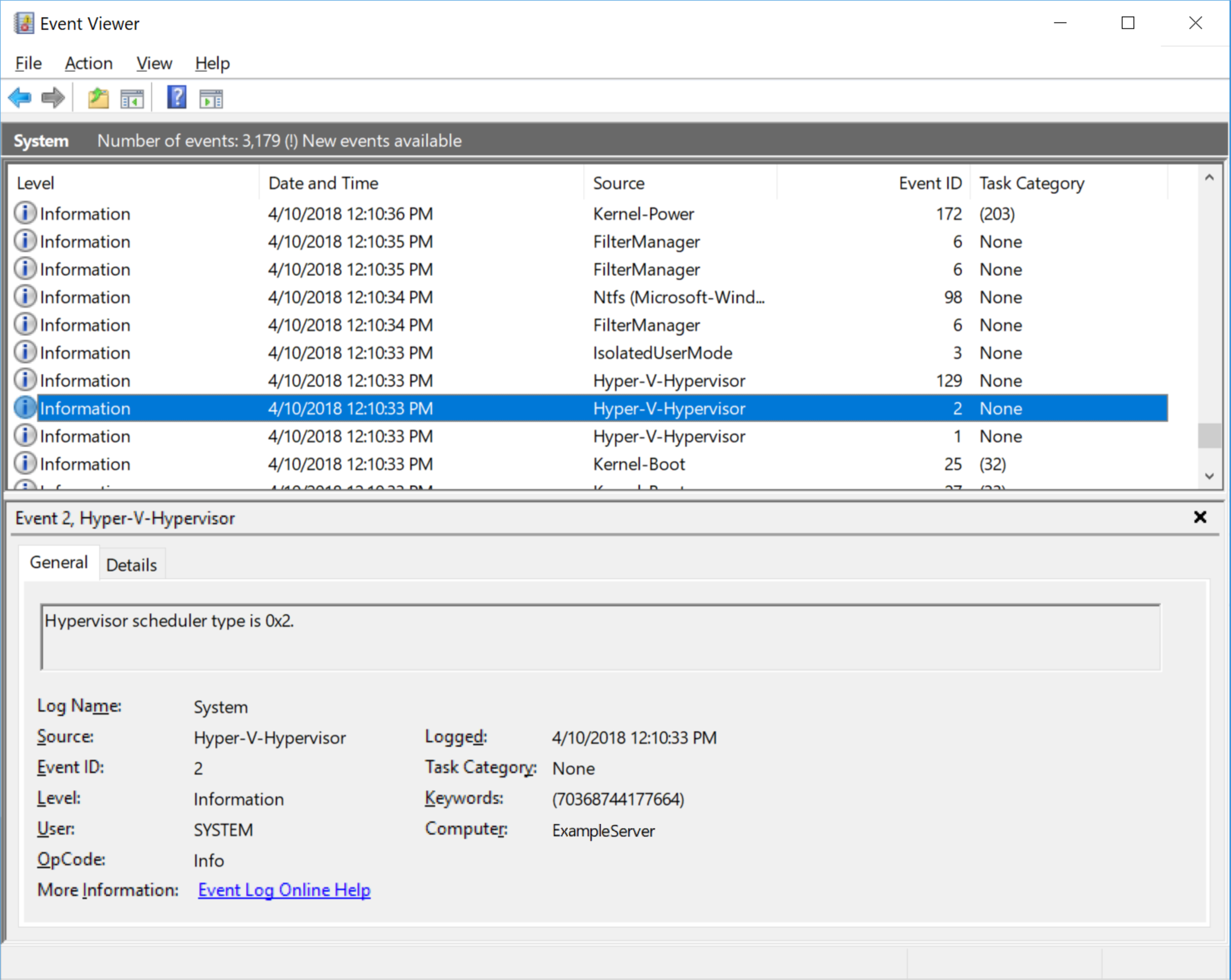 A screenshot of the Event Viewer window. The user has selected Hyper-V Hypervisor launch event ID 2 from the list of events, highlighting it in dark blue.