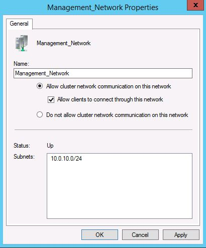 A screenshot of the Failover Cluster Manager Network Properties dialog showing options to allow cluster communication and client connectivity.