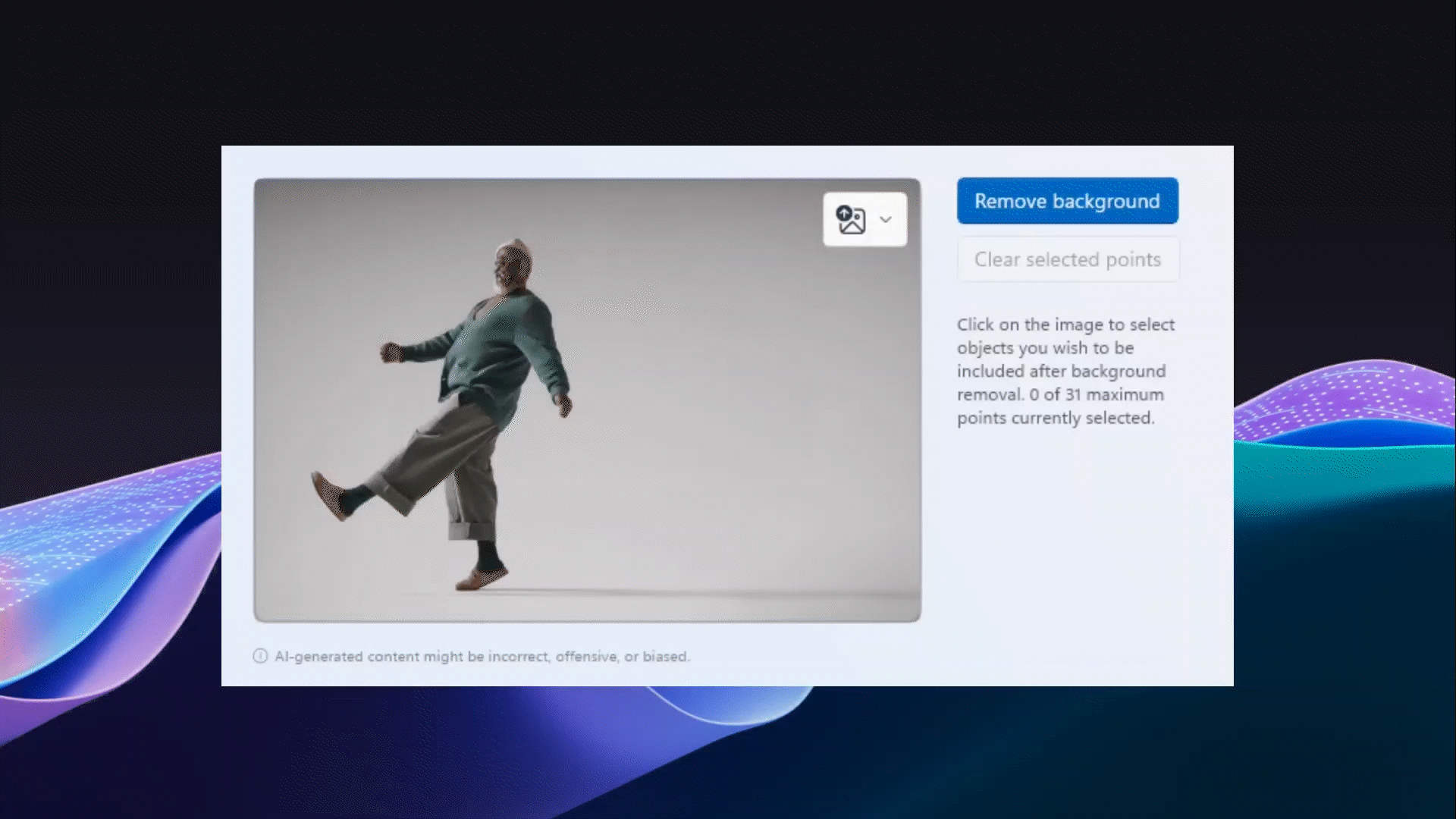 An animated gif showing a man lifting one foot off the ground, then selecting Remove Background to isolate the image of the man on a white background using the Image Segmentation feature.