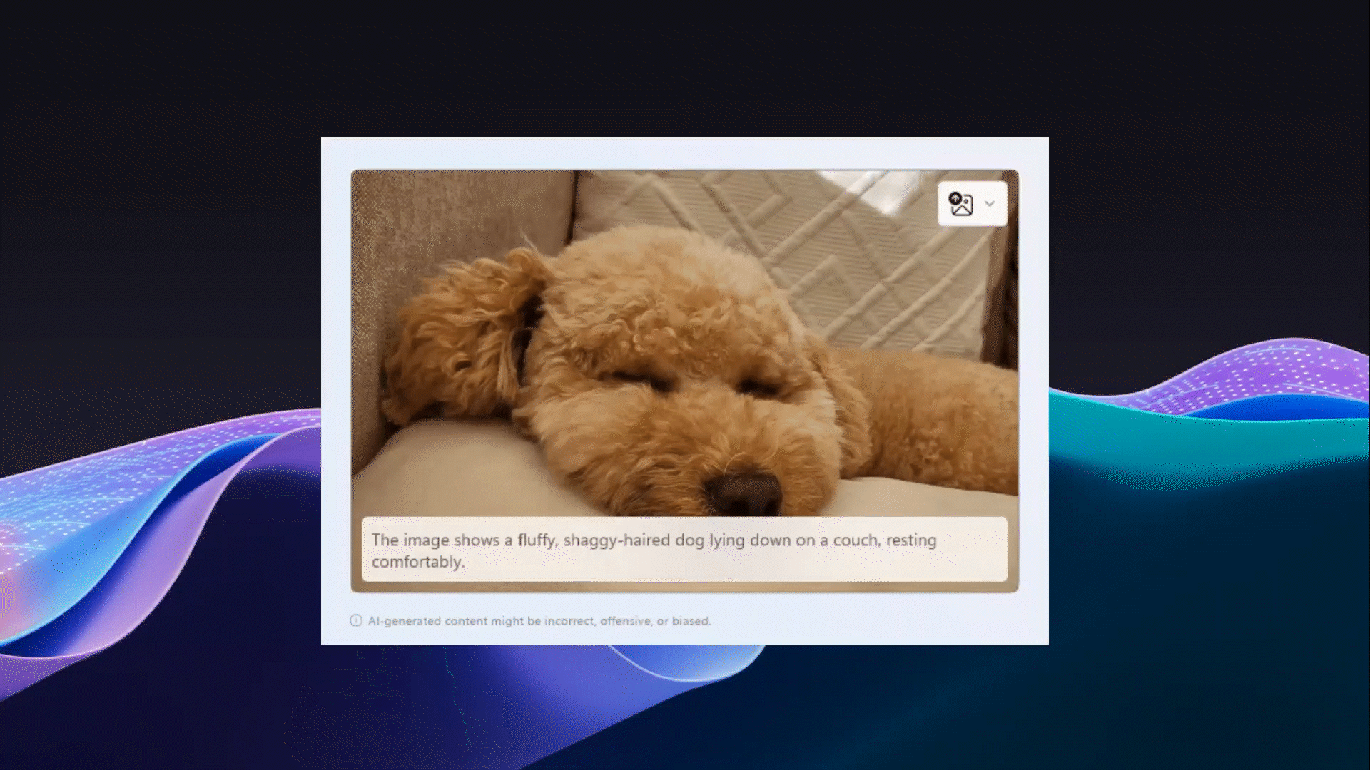 An animated gif showing a sleeping dog that pops up a description of the image using natural language reading a fluffy, shaggy-haired dog lying down on a couch resting comfortably, using the Image Description feature.