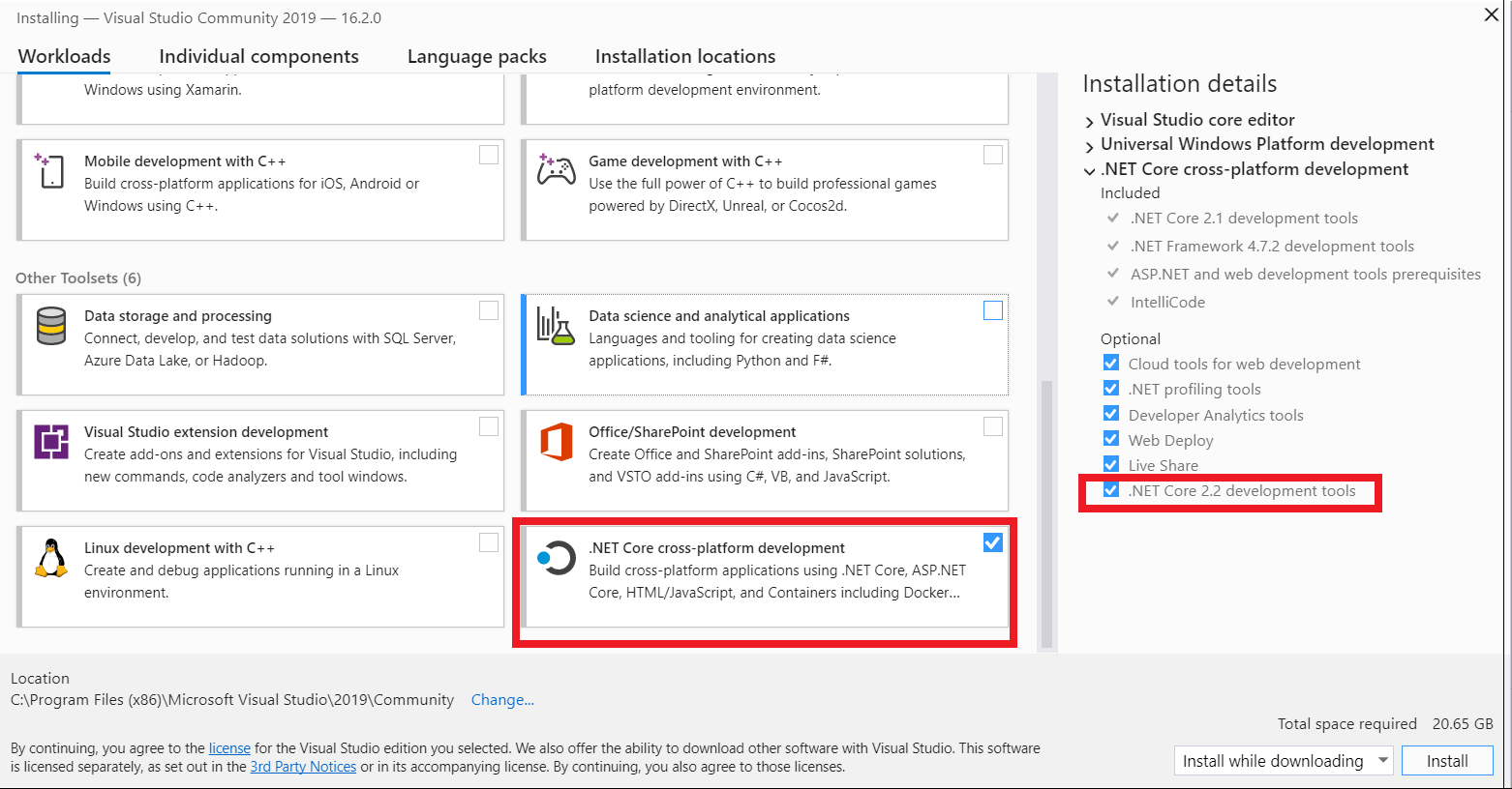 Screenshot that shows the Visual Studio 2019 Workloads page with with .NET Core cross platform development selected and installation details page open.