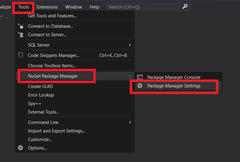 Screenshot that shows the Tools menu expanded with NuGet Package Manager and Package Manager Settings selected.
