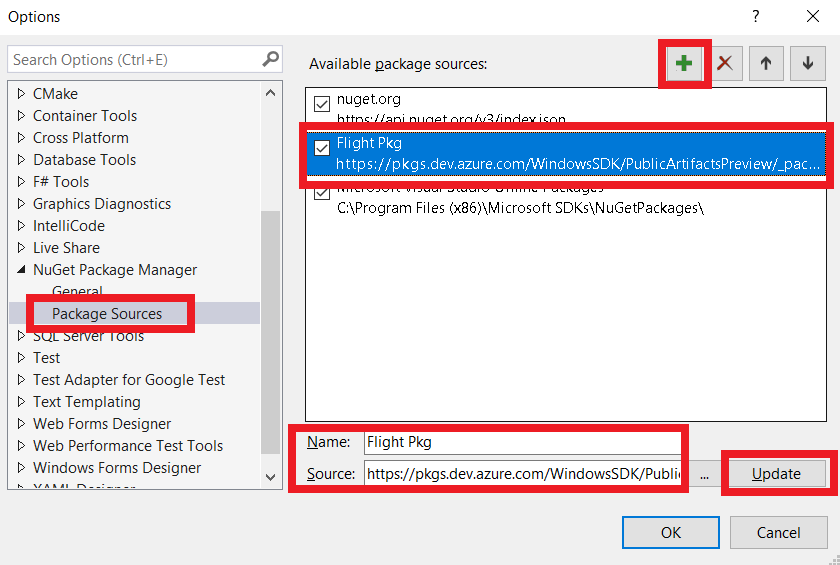 Screenshot that shows the Package Manager Settings Options window with Package sources and the Flight Package selected. 