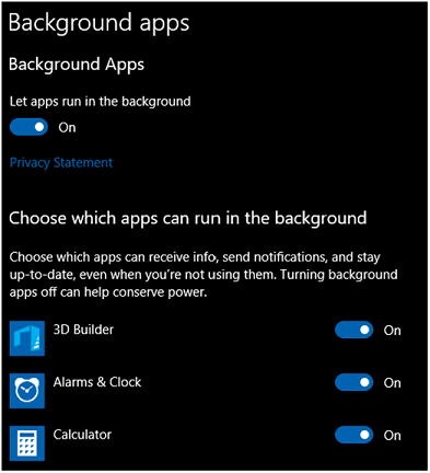 Background apps settings page.
