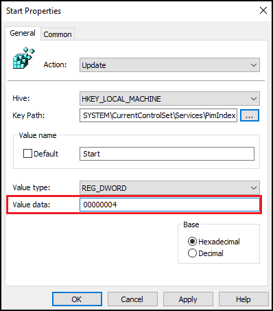 Screenshot of the Start Properties window highlighting the Value data field with the value 00000004.