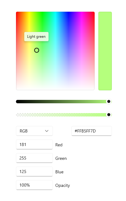 A color picker with IsAlphaEnabled set to true