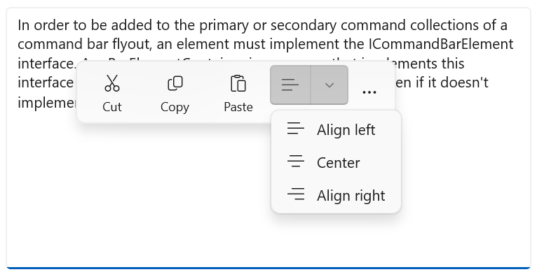 A command bar flyout with a split button