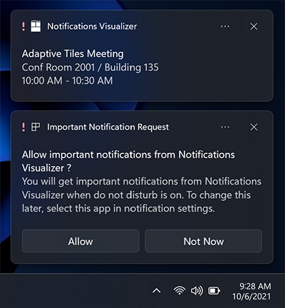 A screenshot of an urgent toast notification that has an exclamation point in the attribution area next to the app name. The image also shows the system-initiated toast notification that provides buttons for the user to allow or disallow urgent notifications from the app.
