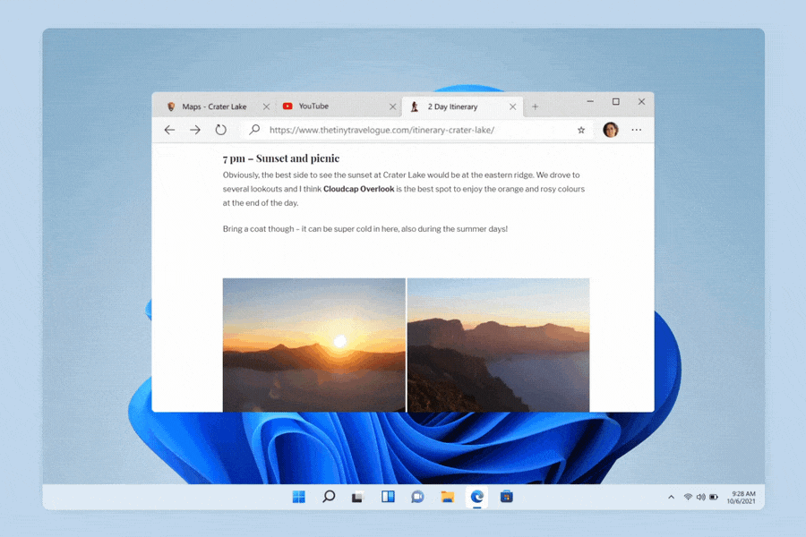 An animated image that shows a Microsoft Edge window transitioning between floating, snapped, and maximized views.