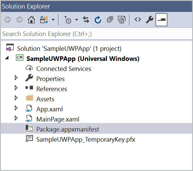 A diagram that shows a view of solution explorer highlighting the Package.appxmanifest file.