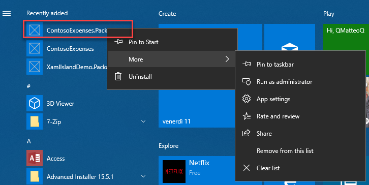 ContosoExpenses in Start Menu