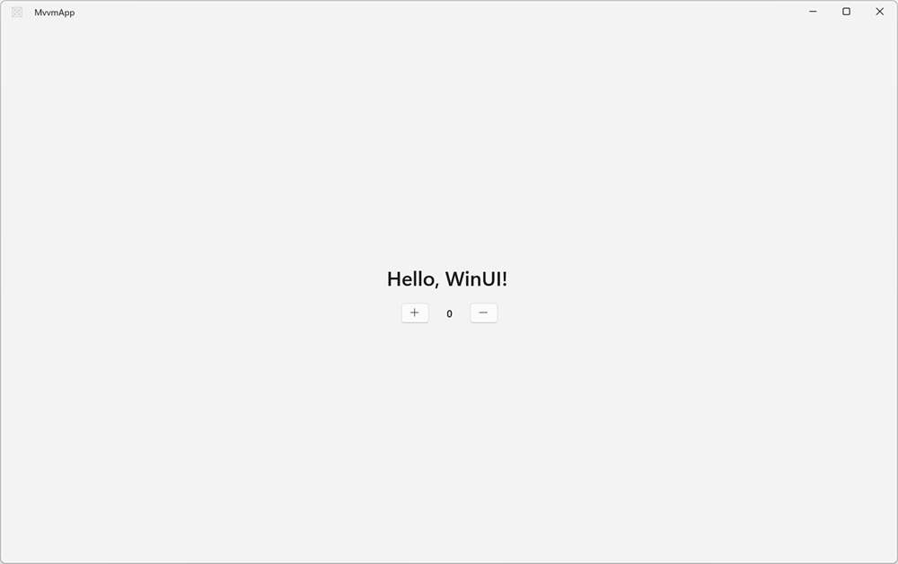 An app created from the WinUI MVVM App template, showing a Hello, WinUI! heading and a counter with increment and decrement buttons.