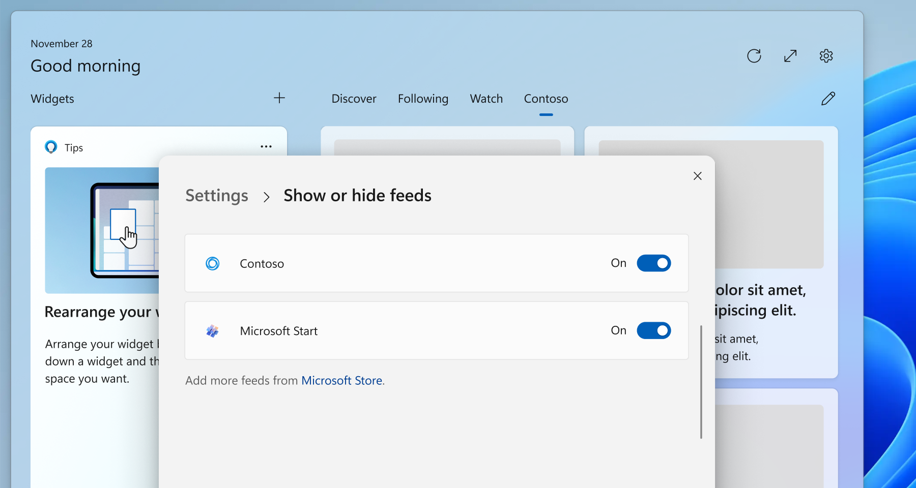 A screenshot showing the Windows Widgets Board showing feeds.