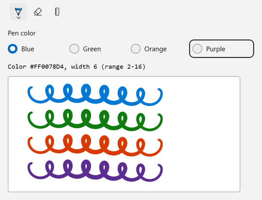 An ink toolbar with ballpoint pen, eraser, and ruler buttons above Blue, Green, Orange, and Purple pen color options. Text reads Color #FF0078D4, width 6 (range 2-16), and the canvas shows looped strokes in blue, green, orange, and purple.