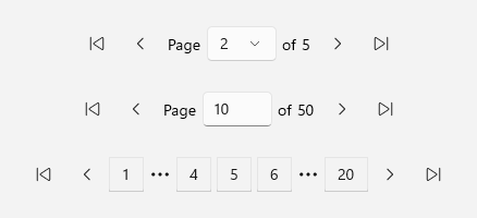 Three PagerControls. The first shows a combo box set to 2, followed by the text of 5. The second shows a number box that contains 10, followed by the text of 50. The third shows buttons for pages 1, 4, 5, 6, and 20, with an ellipsis after page 1 and after page 6.