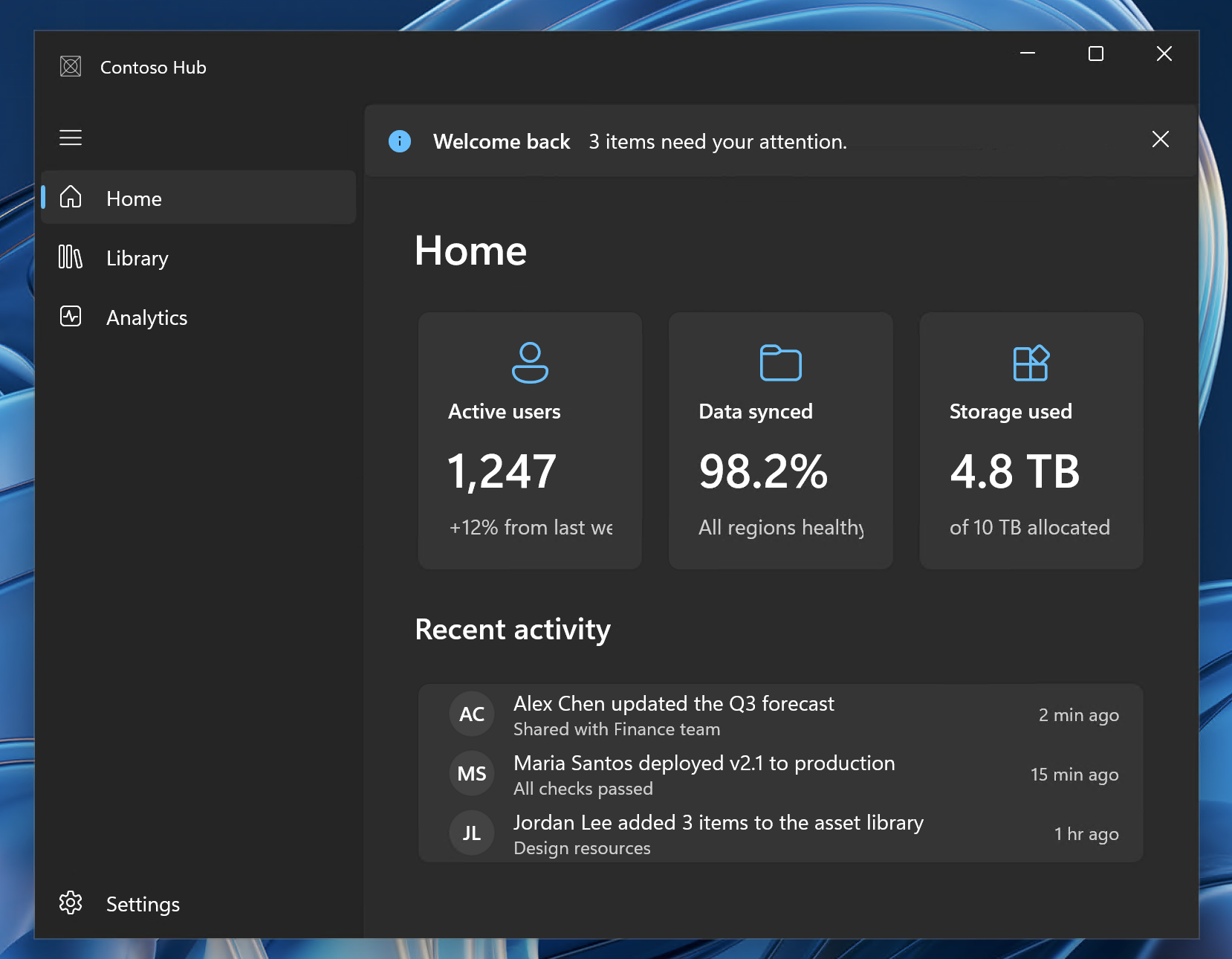 Screenshot of a WinUI 3 desktop app showing Mica backdrop, custom title bar, left NavigationView pane, InfoBar notification, and content cards.