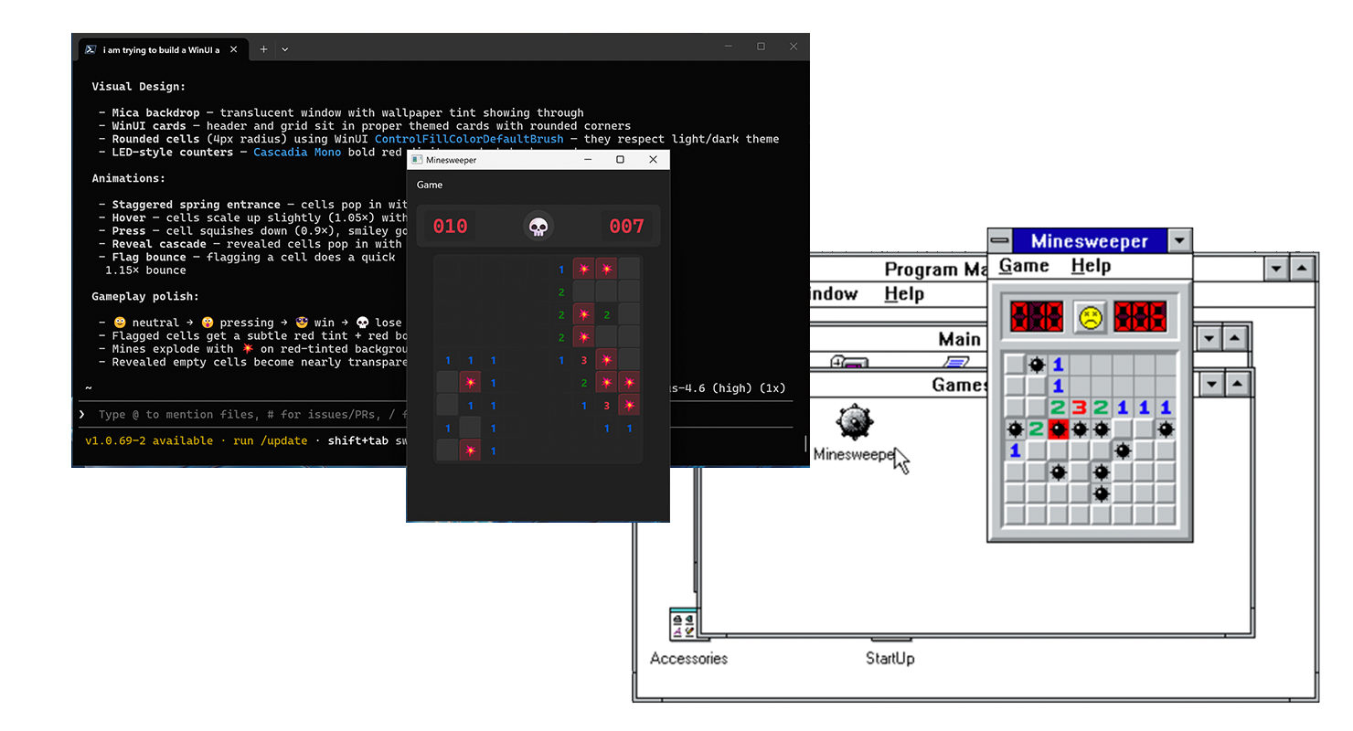 A modern WinUI 3 Minesweeper app alongside the classic Windows Minesweeper, showing the evolution of Windows app development.