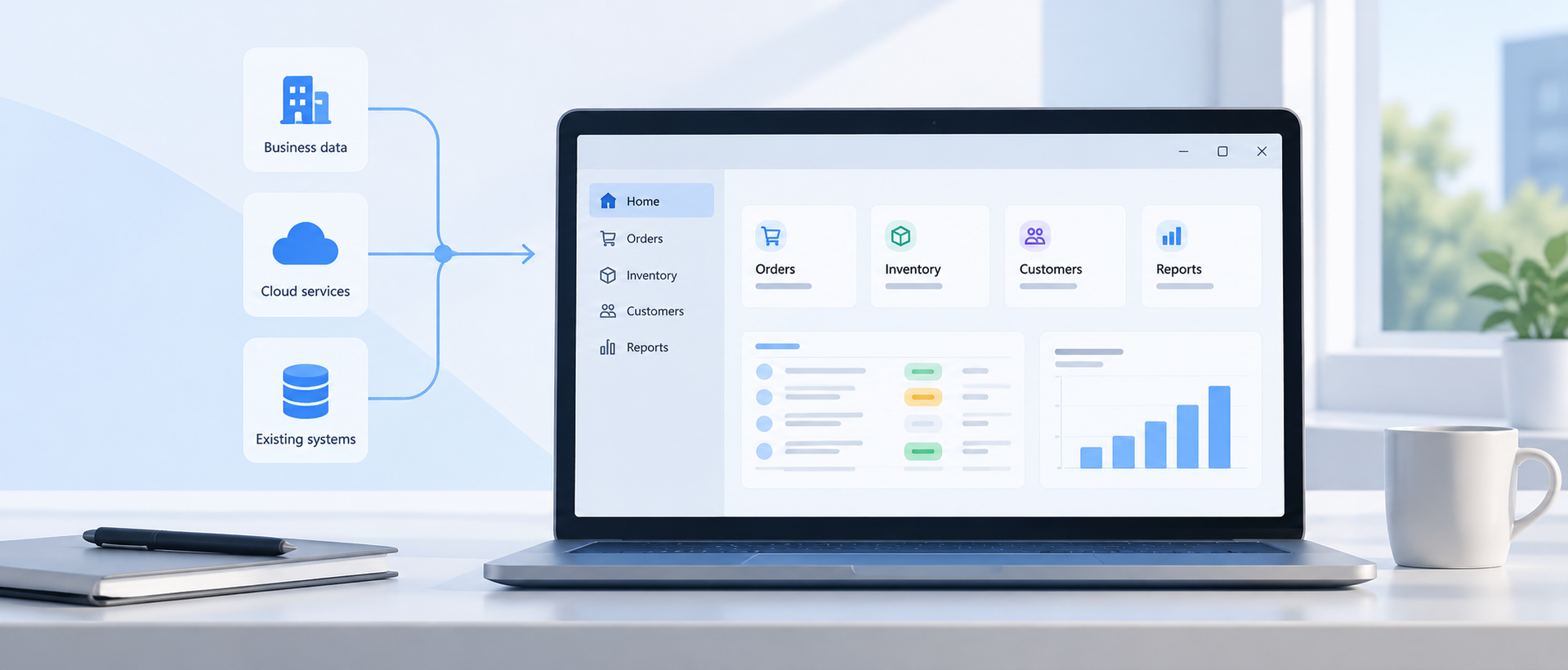 A line-of-business dashboard on a laptop receiving information from business data, cloud services, and existing systems.