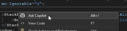 Screenshot of displaying inline Copilot Chat via right-click
