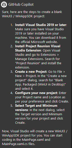 Screenshot of response to 'Get me started with a blank WinUI 3 / WinAppSDK project'