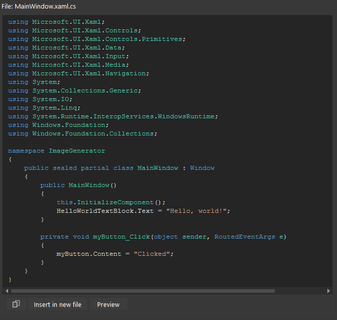 Screenshot of the Preview button when working with the codebehind file