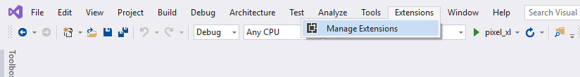 Visual Studio Menu bar item that reads manage extensions