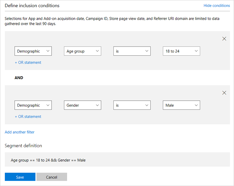 Example of filter criteria for a segment