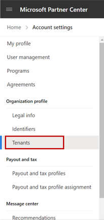 Screenshot showing Tenants option from Account settings menu in Partner Center.