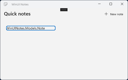 The notes app UI with the note list showing the Note class name instead of the note content.