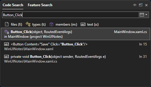 Search feature in Visual Studio