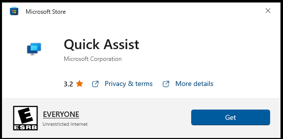 Microsoft Store window showing the Quick Assist app with a button labeled get in the bottom right corner.