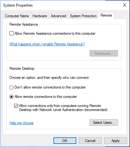 Allow remote connections to this computer.