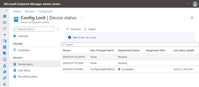 The Device Status for the config lock Device Configuration Profile, showing one device with a Deployment Status as Succeeded and two with Pending.