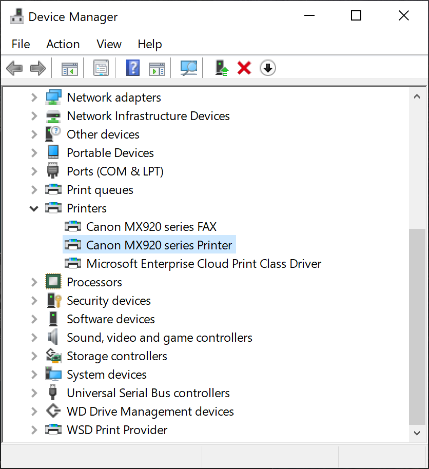 Selecting the printer in Device Manager.