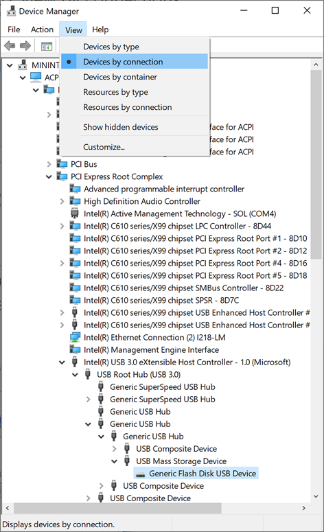 Changing view in Device Manager to see the PnP connection tree.