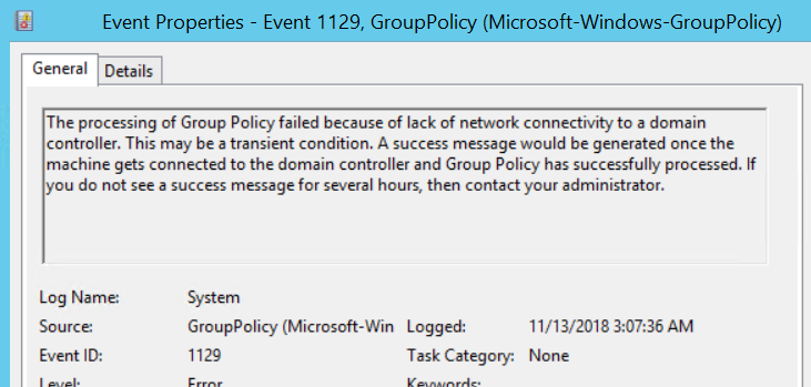 Screenshot of event properties for Group Policy failure.