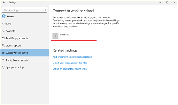 Option of connect to work or school