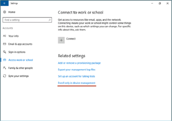 connect to work or school screen