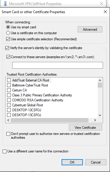 smart card or other certificate properties window.