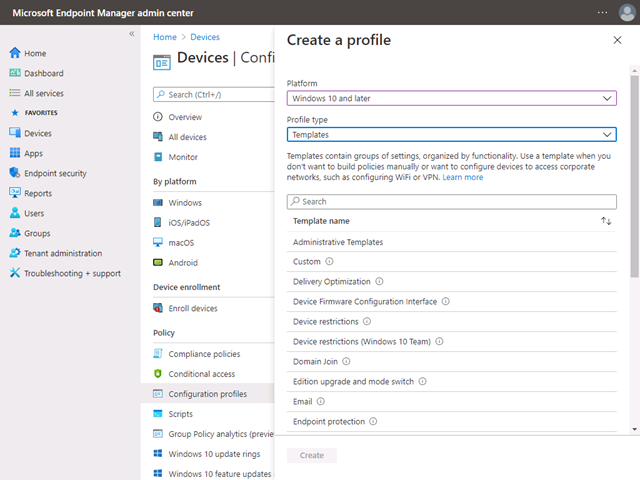 In Configuration profiles, the Create a profile page is showing, with the Platform set to Windows 10 and later, and a Profile Type of Templates.