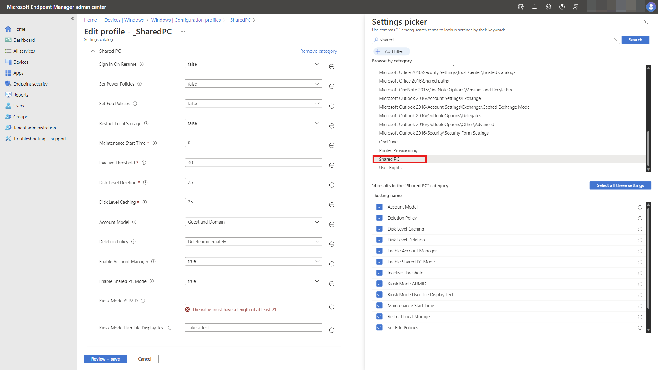 Screenshot that shows the Shared PC policies in the Intune settings catalog.