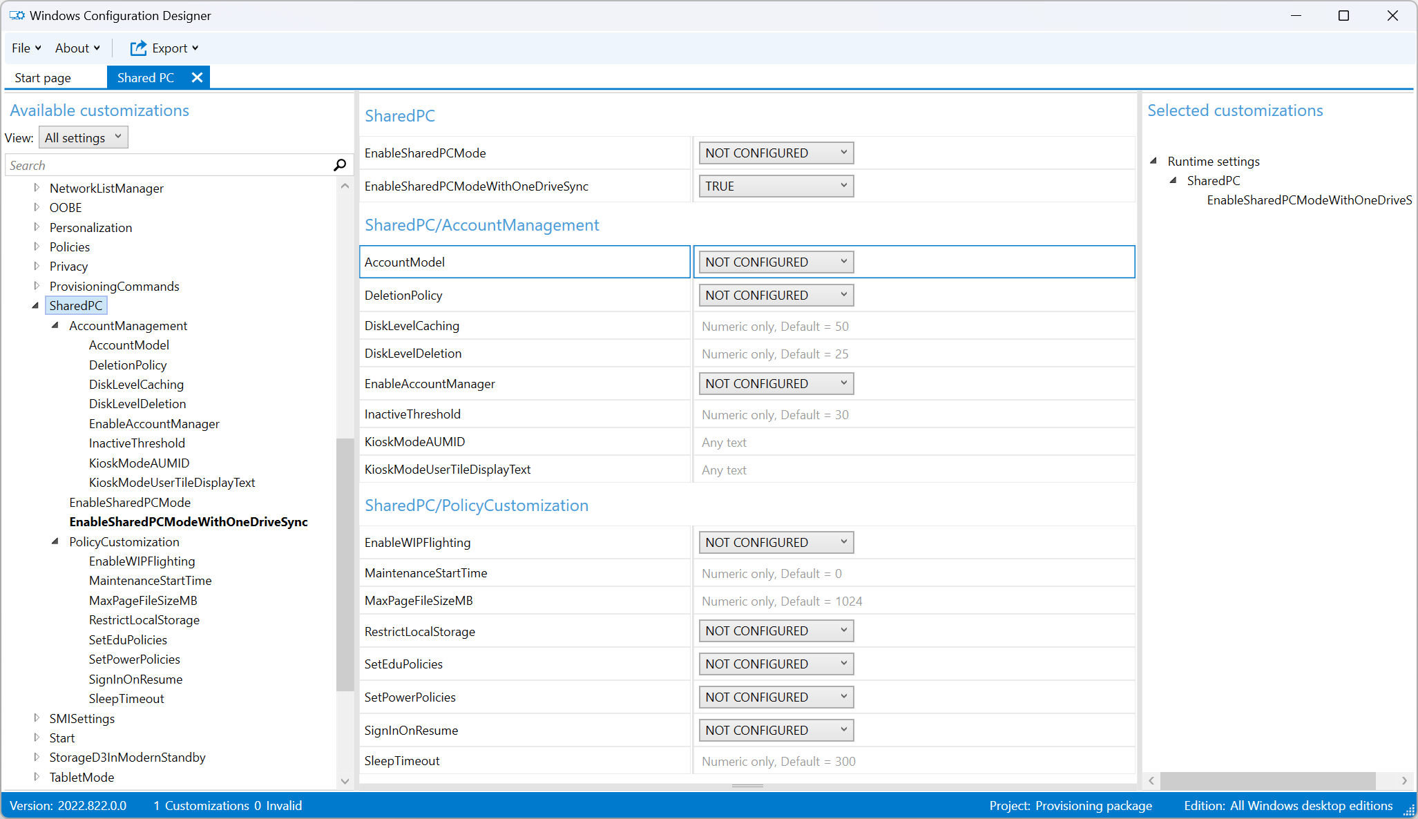 Screenshot that shows the Shared PC policies in WCD.