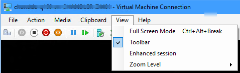 Use a basic session to connect a virtual machine. In the View menu, Extended session isn't selected, which means basic is used.