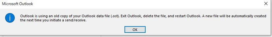 Screenshot of Outlook dialog about outdated version of .ost file.